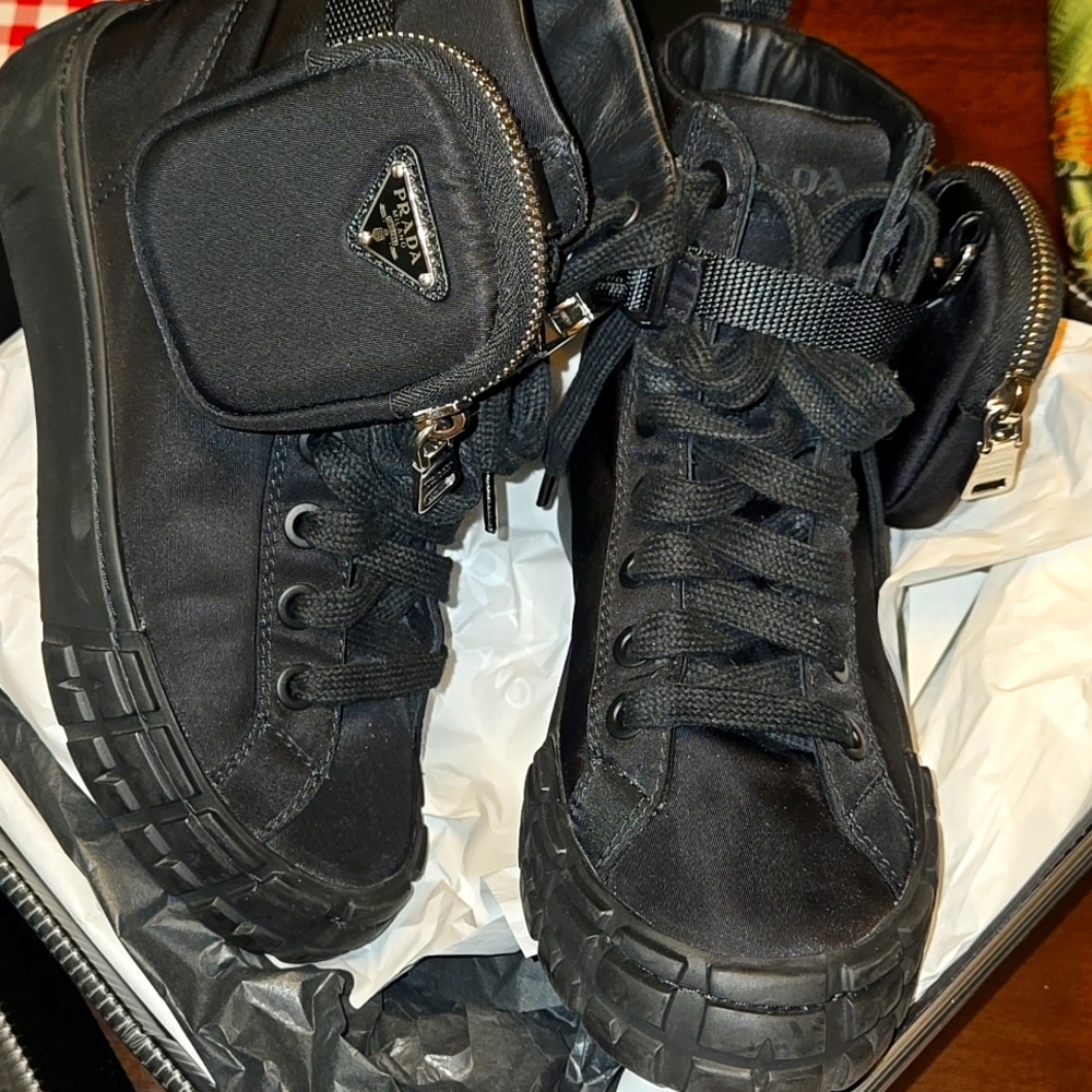 Prada ReNylon Black Zip Pouch Wheel HighTop Shoes Wome Size 6